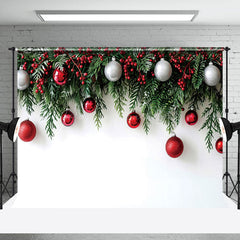 Lofaris Pure White Wall Pine Leaves Bells Christmas Backdrop