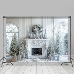 Lofaris Pure White Window Fireplace Snowy Christmas Backdrop