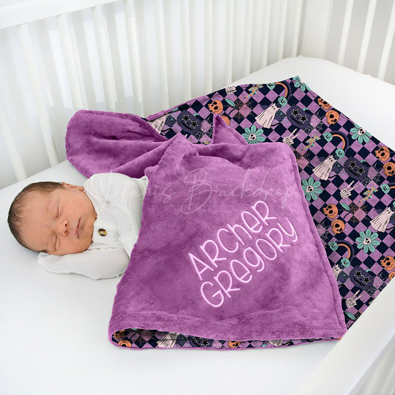 Lofaris Purple Checkered Little Boo Flower Minky Baby Blanket