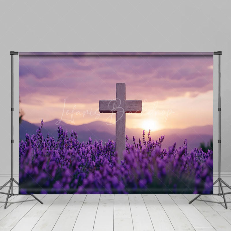 Lofaris Purple Floral Blurry Sunset Sky Cross Easter Backdrop