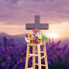 Lofaris Purple Floral Blurry Sunset Sky Cross Easter Backdrop