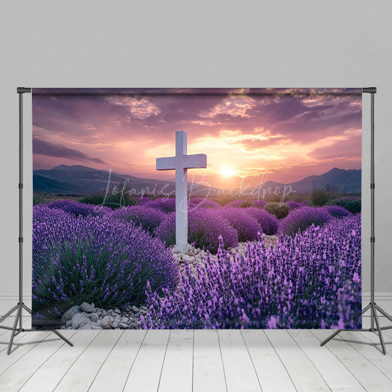 Lofaris Purple Floral Field Sunset Cross Easter Backdrop