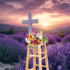 Lofaris Purple Floral Field Sunset Cross Easter Backdrop