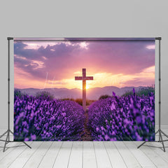 Lofaris Purple Floral Field Sunset Sky Cross Easter Backdrop