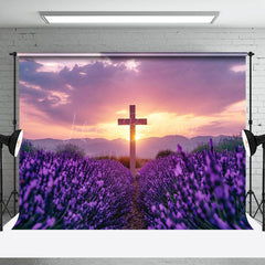 Lofaris Purple Floral Field Sunset Sky Cross Easter Backdrop