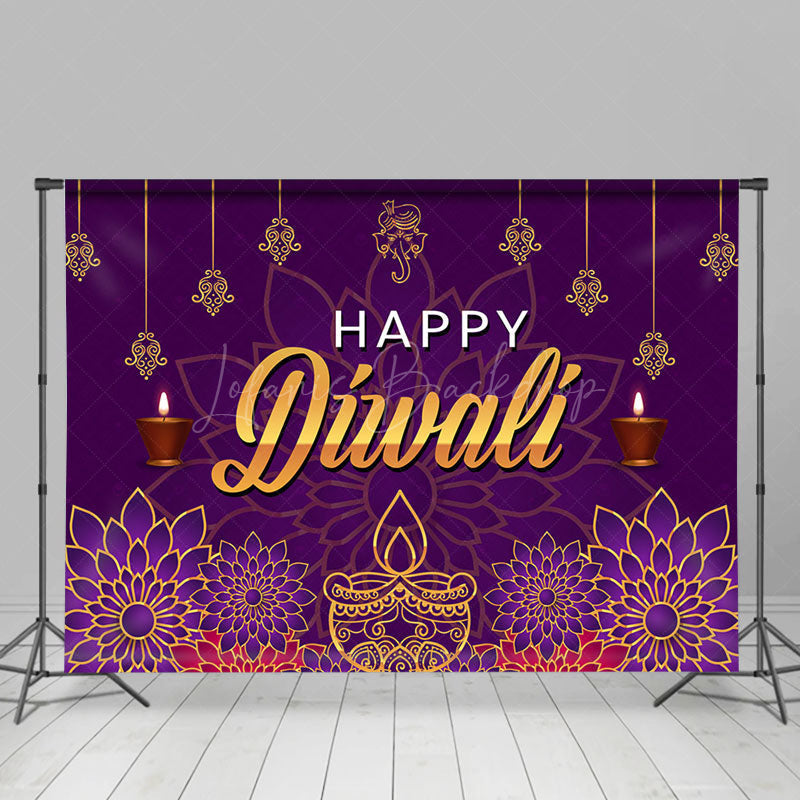 Lofaris Purple Floral Gold Lights Happy Diwali Backdrop