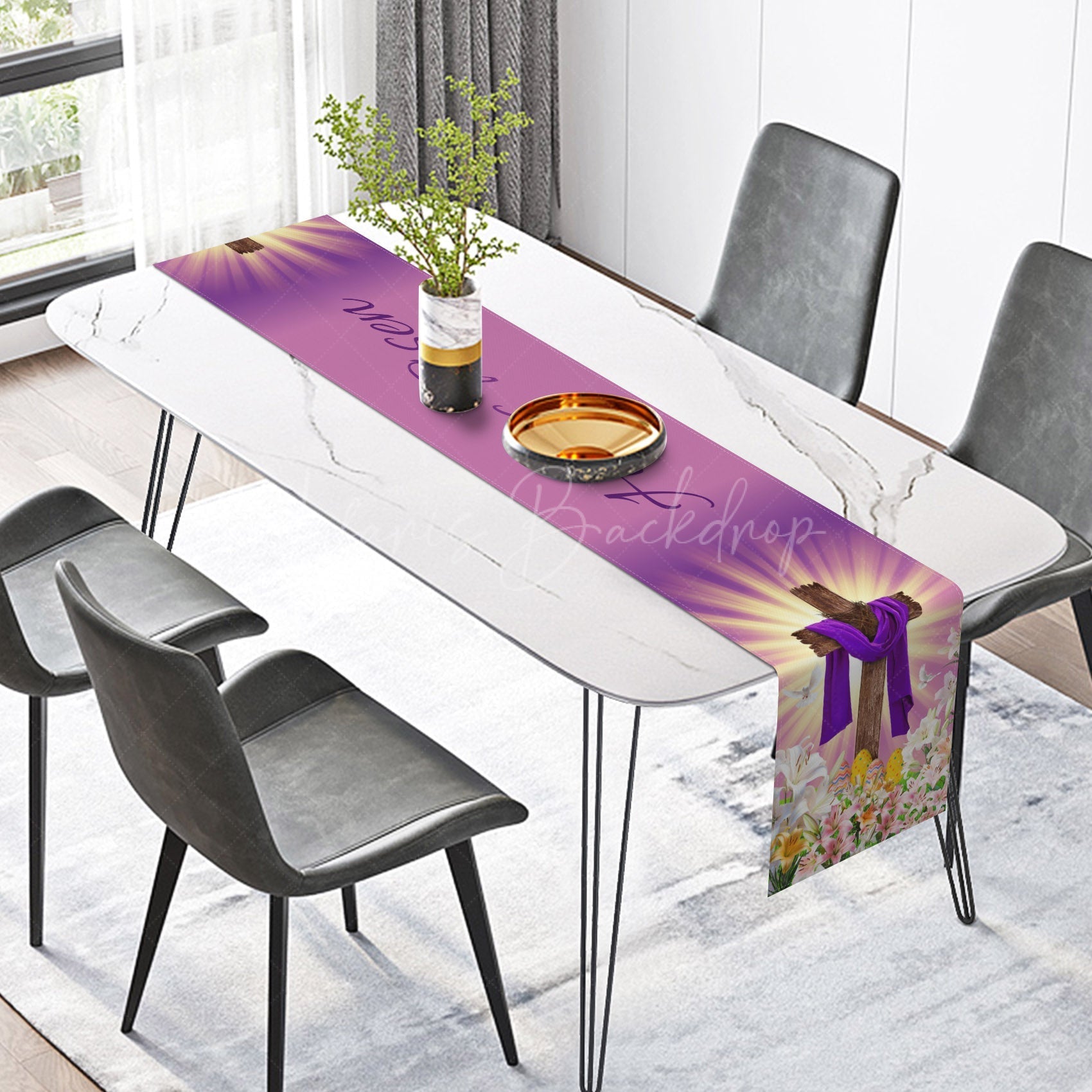 Lofaris Purple Gold Sunlight Cross He Is Risen Table Runner