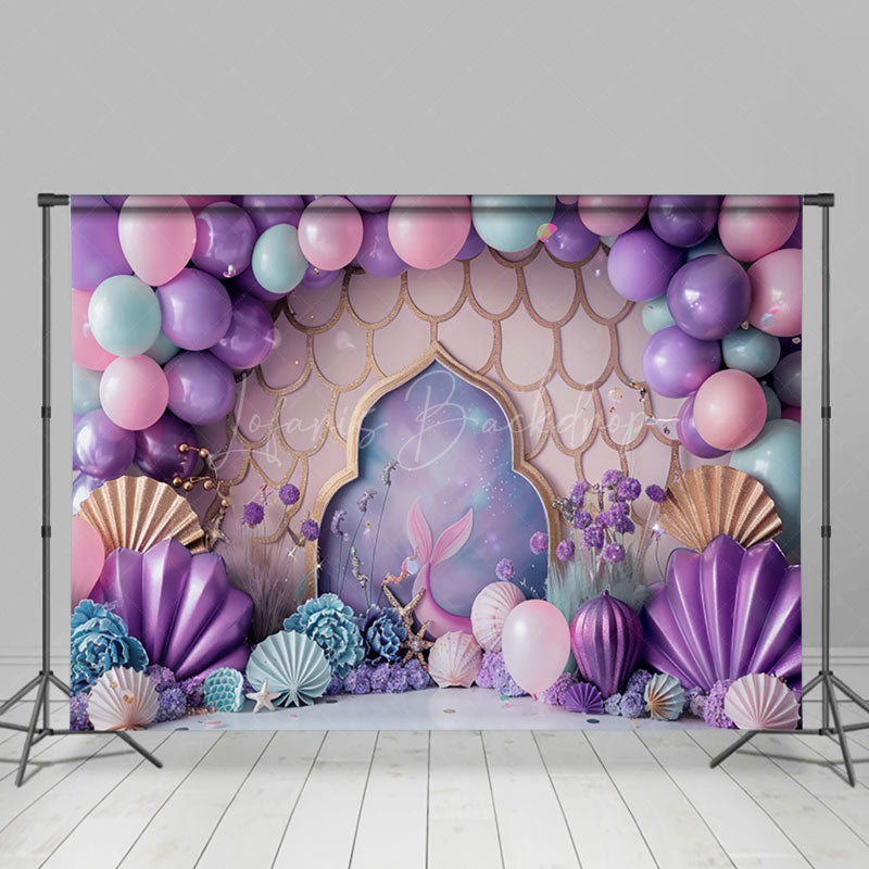 Lofaris Purple Scales Mermaid Shells Cake Smash Backdrop