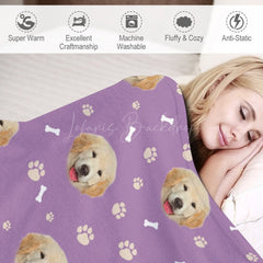 Lofaris Purple White Paw Print Bones Custom Pet Face Blanket