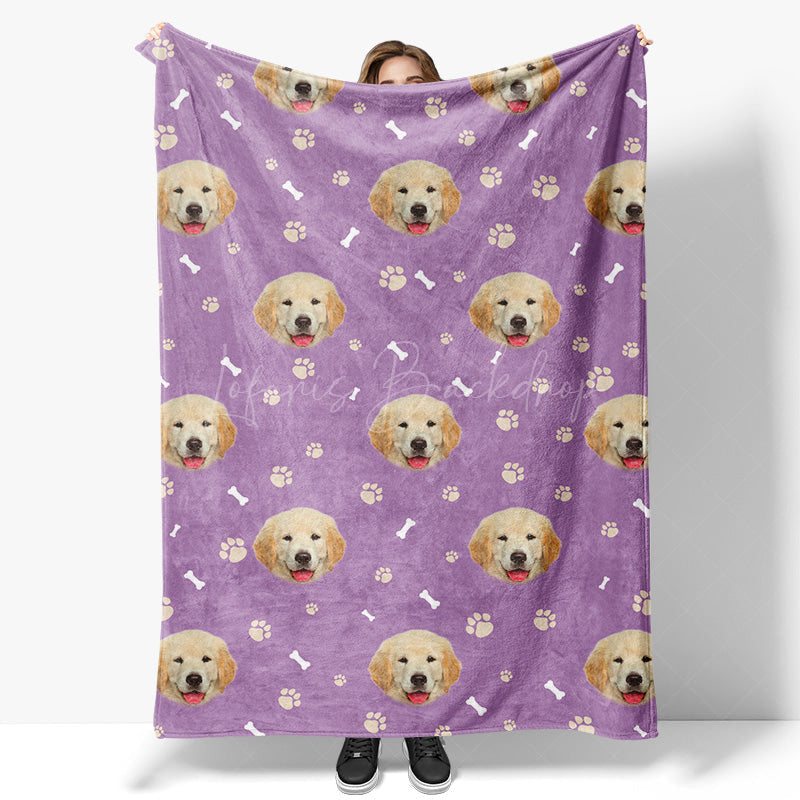 Lofaris Purple White Paw Print Bones Custom Pet Face Blanket