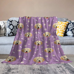 Lofaris Purple White Paw Print Bones Custom Pet Face Blanket