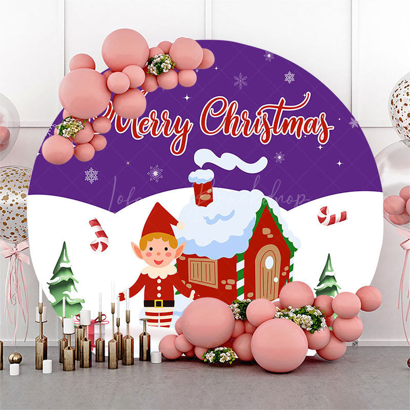 Lofaris Purple White Snowy House Round Christmas Backdrop