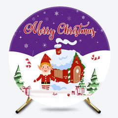 Lofaris Purple White Snowy House Round Christmas Backdrop