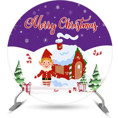 Lofaris Purple White Snowy House Round Christmas Backdrop