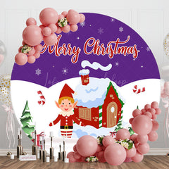 Lofaris Purple White Snowy House Round Christmas Backdrop