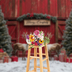 Lofaris Red Barn Door Elk Snow Pine Tree Christmas Backdrop