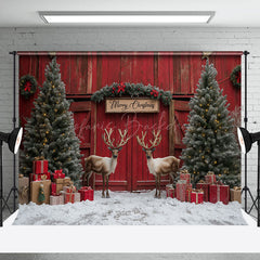 Lofaris Red Barn Door Elk Snow Pine Tree Christmas Backdrop