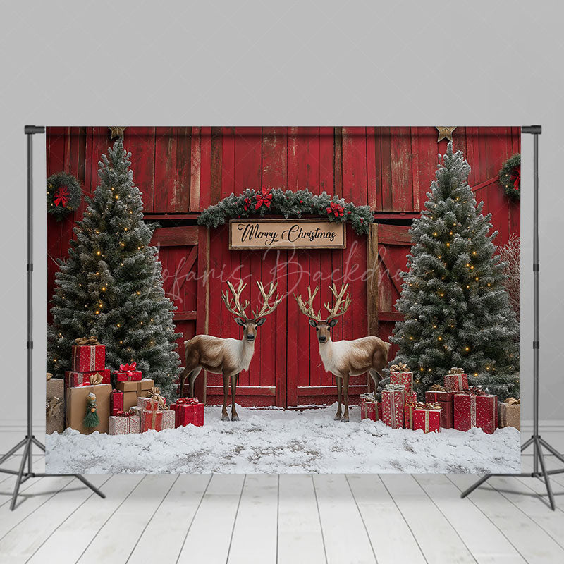 Lofaris Red Barn Door Elk Snow Pine Tree Christmas Backdrop