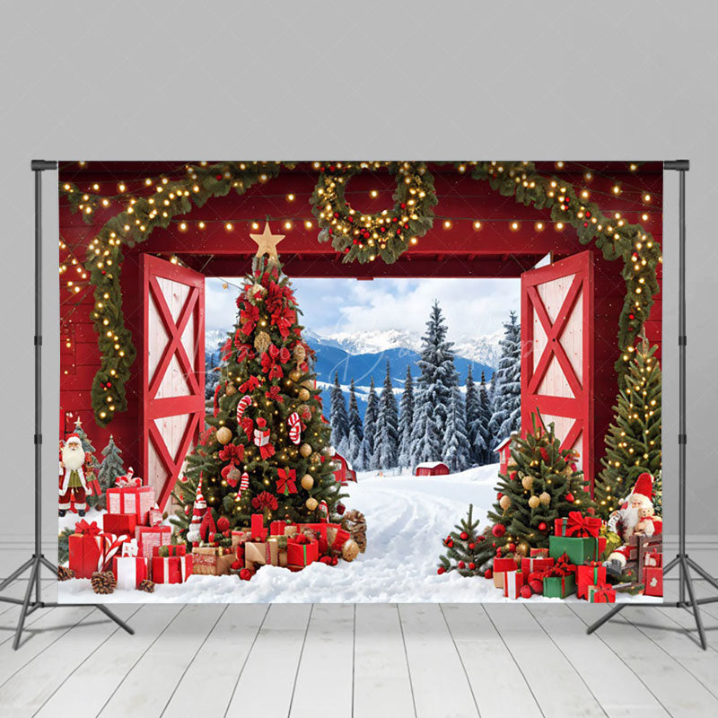 Lofaris Red Barn Door Light Wreath Forest Christmas Backdrop