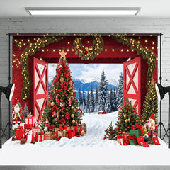 Lofaris Red Barn Door Light Wreath Forest Christmas Backdrop