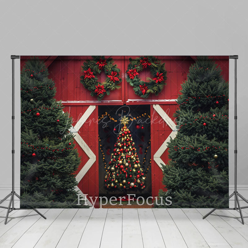 Lofaris Red Barn Door Xmas Trees Christmas Vibe Backdrop