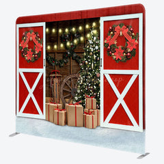 Lofaris Red Barn Wood Door Christmas Tension Fabric Backdrop