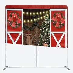 Lofaris Red Barn Wood Door Christmas Tension Fabric Backdrop