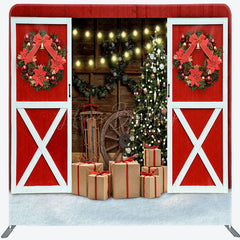 Lofaris Red Barn Wood Door Christmas Tension Fabric Backdrop