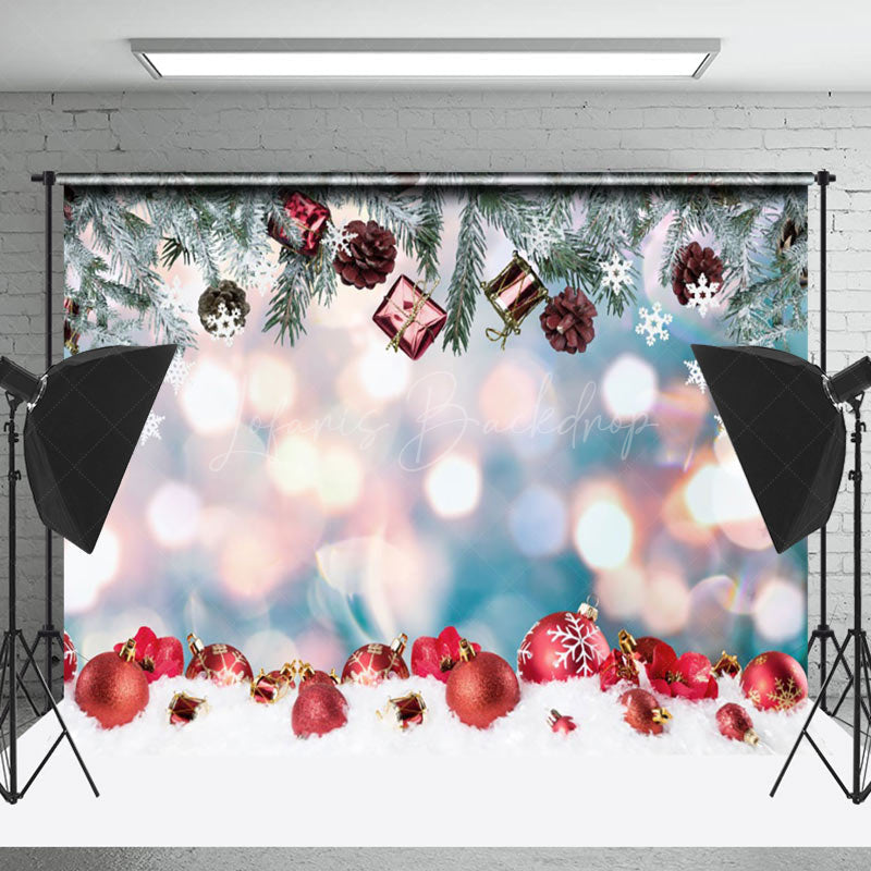 Lofaris Red Bell Pine Leaves Blurry Merry Christmas Backdrop