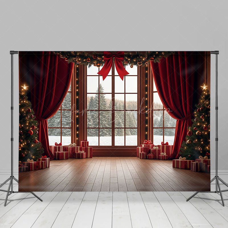 Lofaris Red Bowknot Curatin Window Winter Christmas Backdrop