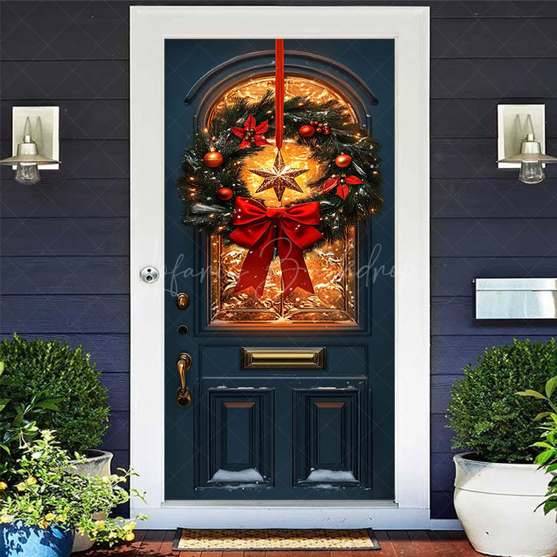 Lofaris Red Bowknot Star Wreath Light Xmas Navy Door Cover