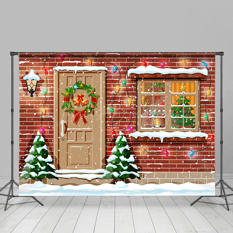 Lofaris Red Brick Wall Door Window Snow Christmas Backdrop