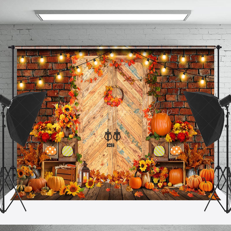 Lofaris Red Brick Wall Pumpkin Maples Sunflower Fall Backdrop