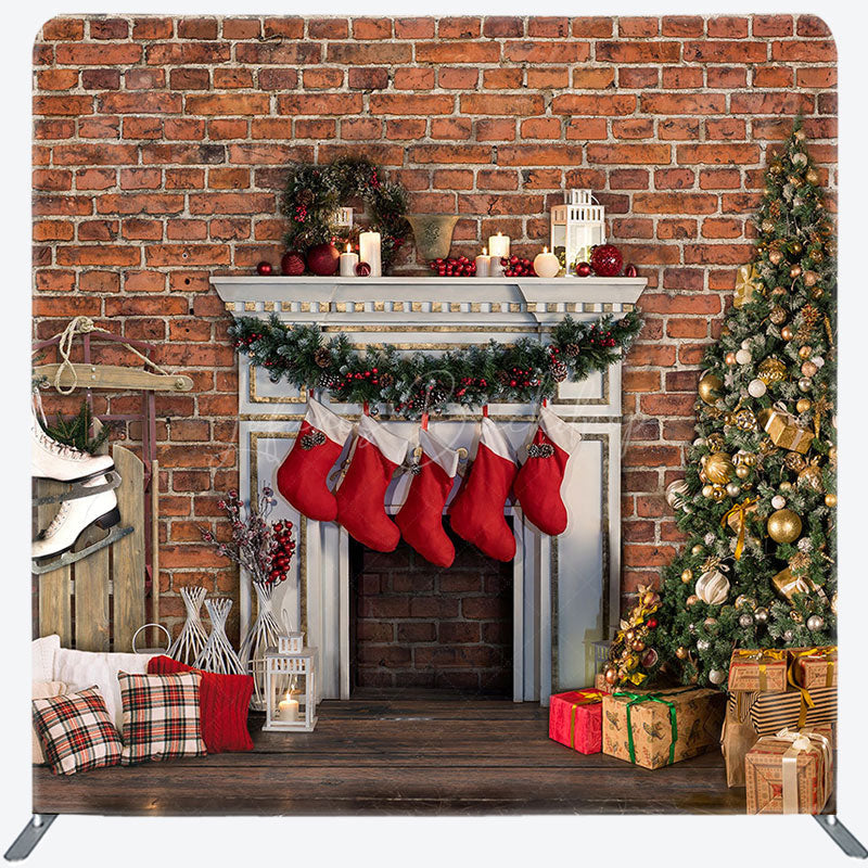 Lofaris Red Bricks Stockings Square Arch Fabric Xmas Backdrop