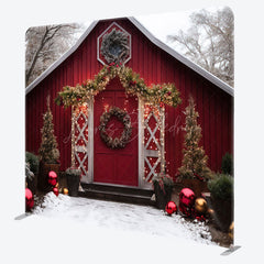 Lofaris Red Cabin Christmas Photo Booth Fabric Backdrop