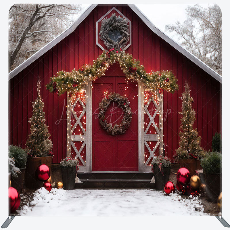 Lofaris Red Cabin Christmas Photo Booth Fabric Backdrop