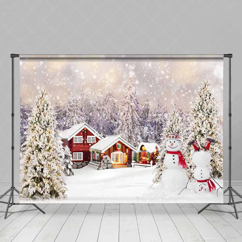 Lofaris Red Cabin Snowman Snowy Christmas Trees Backdrop