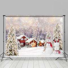 Lofaris Red Cabin Snowman Snowy Christmas Trees Backdrop