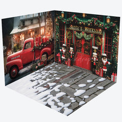 Lofaris Red Car Santa Workshop Christmas Room Set Backdrop