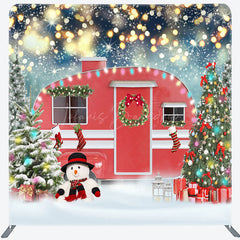 Lofaris Red Car Snowman Christmas Tree Tension Fabric Backdrop