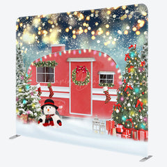 Lofaris Red Car Snowman Christmas Tree Tension Fabric Backdrop