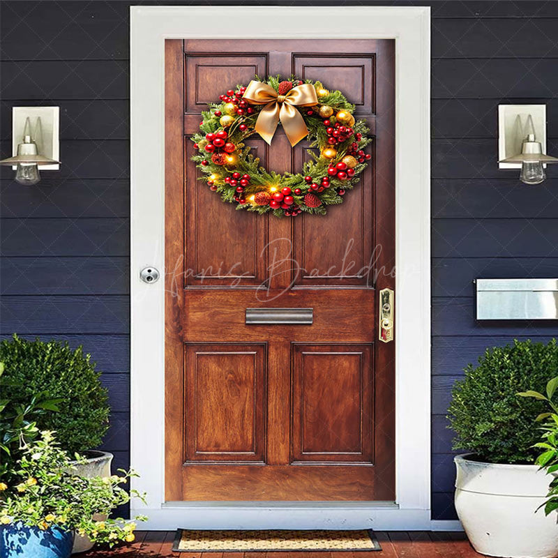 Lofaris Red Cherry Bowknot Wreath Wood Christmas Door Cover