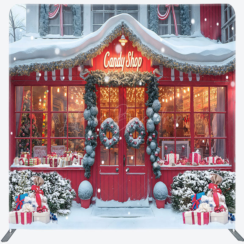 Lofaris Red Christmas Candy Shop Double-Sided Square Backdrop