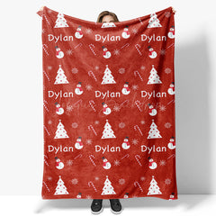 Lofaris Red Christmas White Tree Snowman Custom Name Blanket