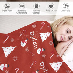 Lofaris Red Christmas White Tree Snowman Custom Name Blanket