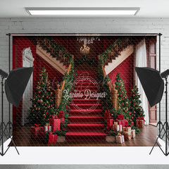 Lofaris Red Courtly Stairs Leaves Gifts Christmas Backdrop