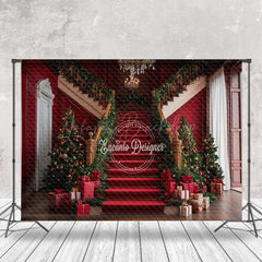 Lofaris Red Courtly Stairs Leaves Gifts Christmas Backdrop