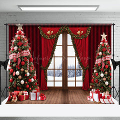 Lofaris Red Curtain Bell Window Winter Christmas Backdrop