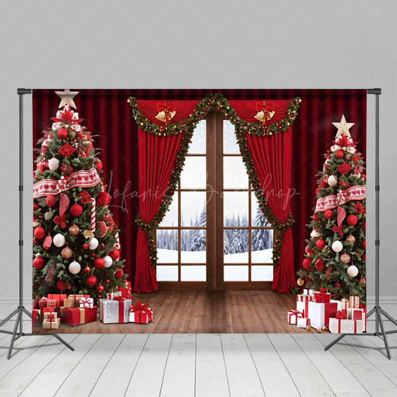 Lofaris Red Curtain Bell Window Winter Christmas Backdrop