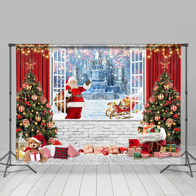 Lofaris Red Curtain Frozen Castle Window Christmas Backdrop